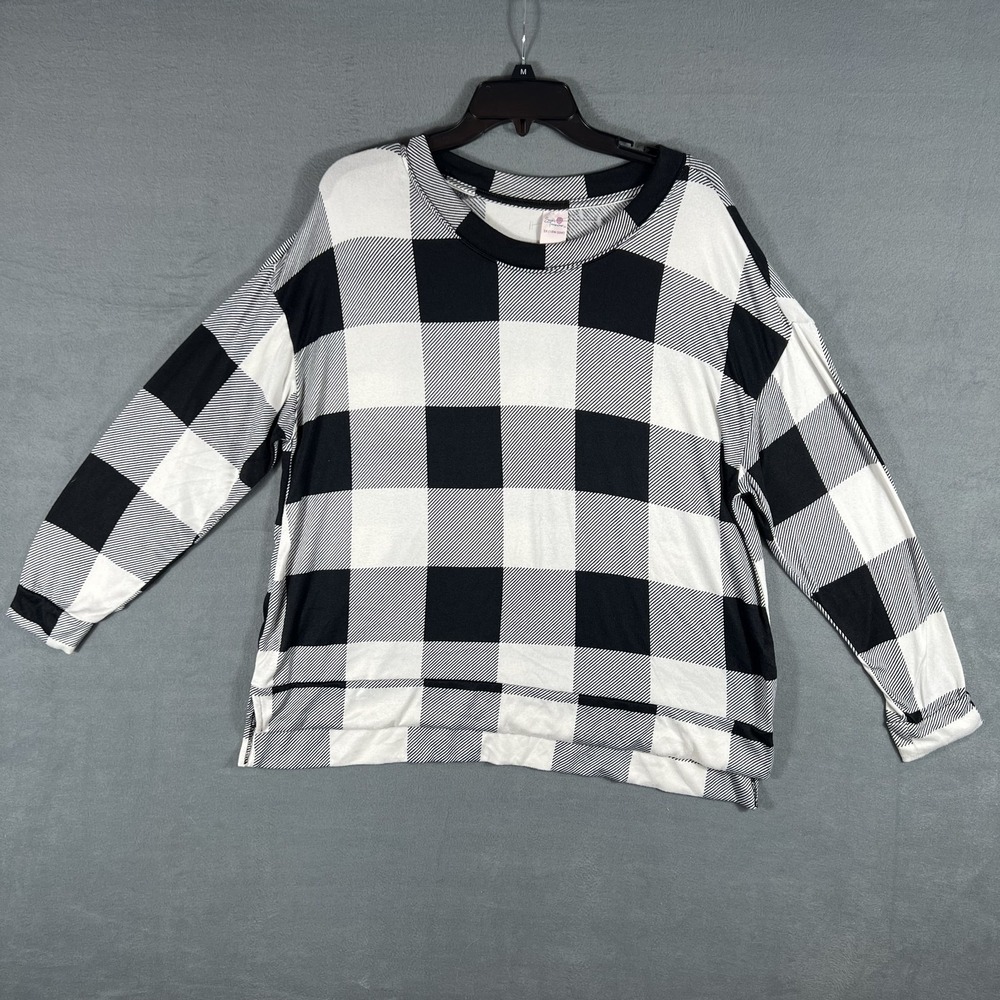 Secret Treasures Women's 2X (18W-20W) Black White Buffalo Plaid Long Sleeve Top